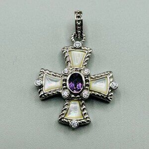 JUDITH RIPKA Sterling Silver, Amethyst & Mother of Pearl Cross Enhancer/Pendant